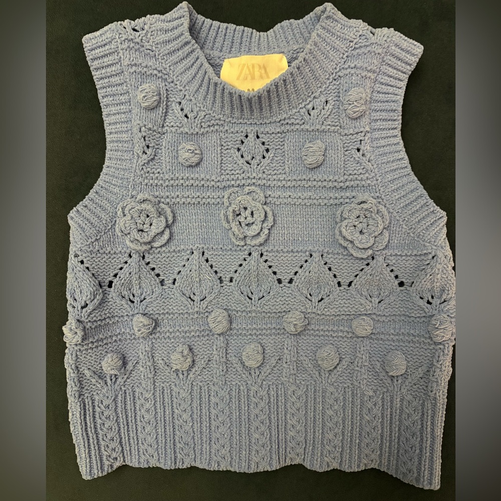ZARA kids Blue Chennile Floral Applique Vest 8-9
